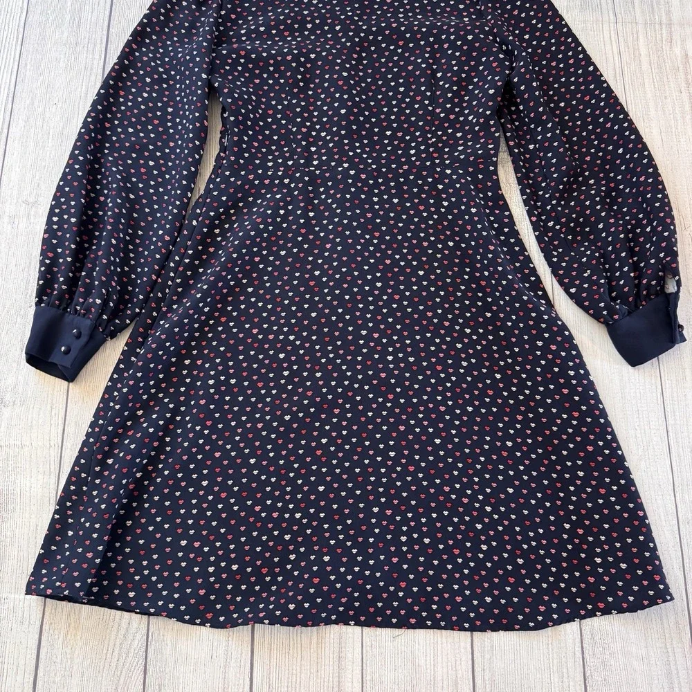 Kate Spade New York Navy Blue Lips Print Crepe Swing Dress Long Sleeve Size 6